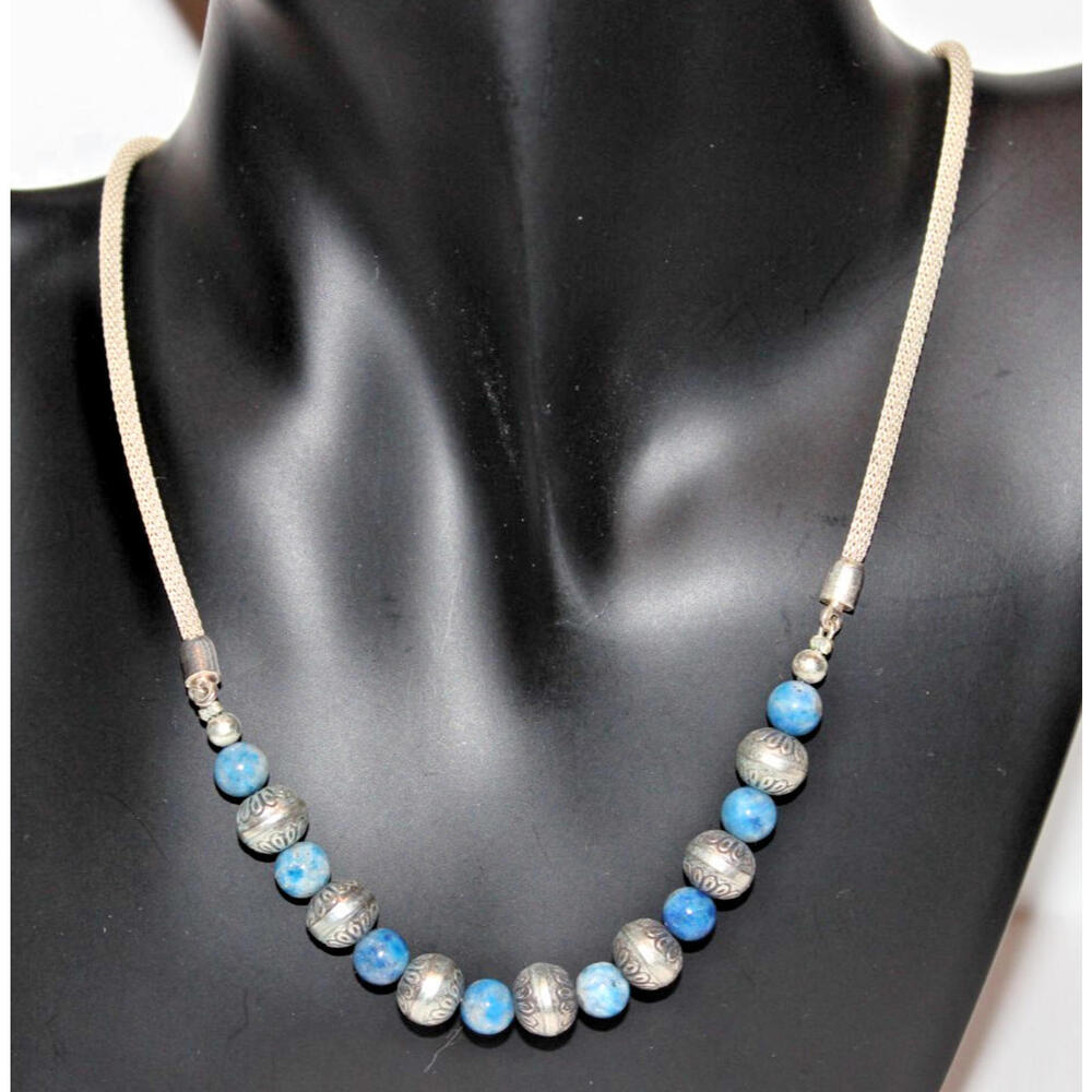 Vintage 925 Sterling Silver Blue Stone Bead Mesh Necklace 16” + Extender